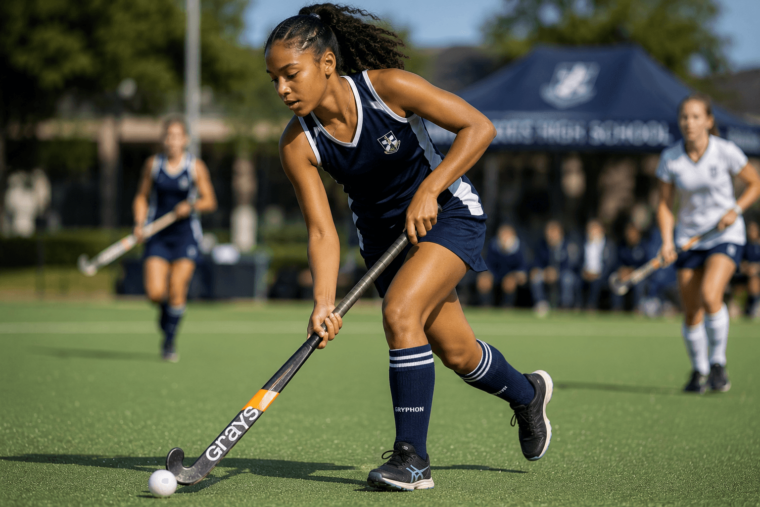 Girl playing field hockey